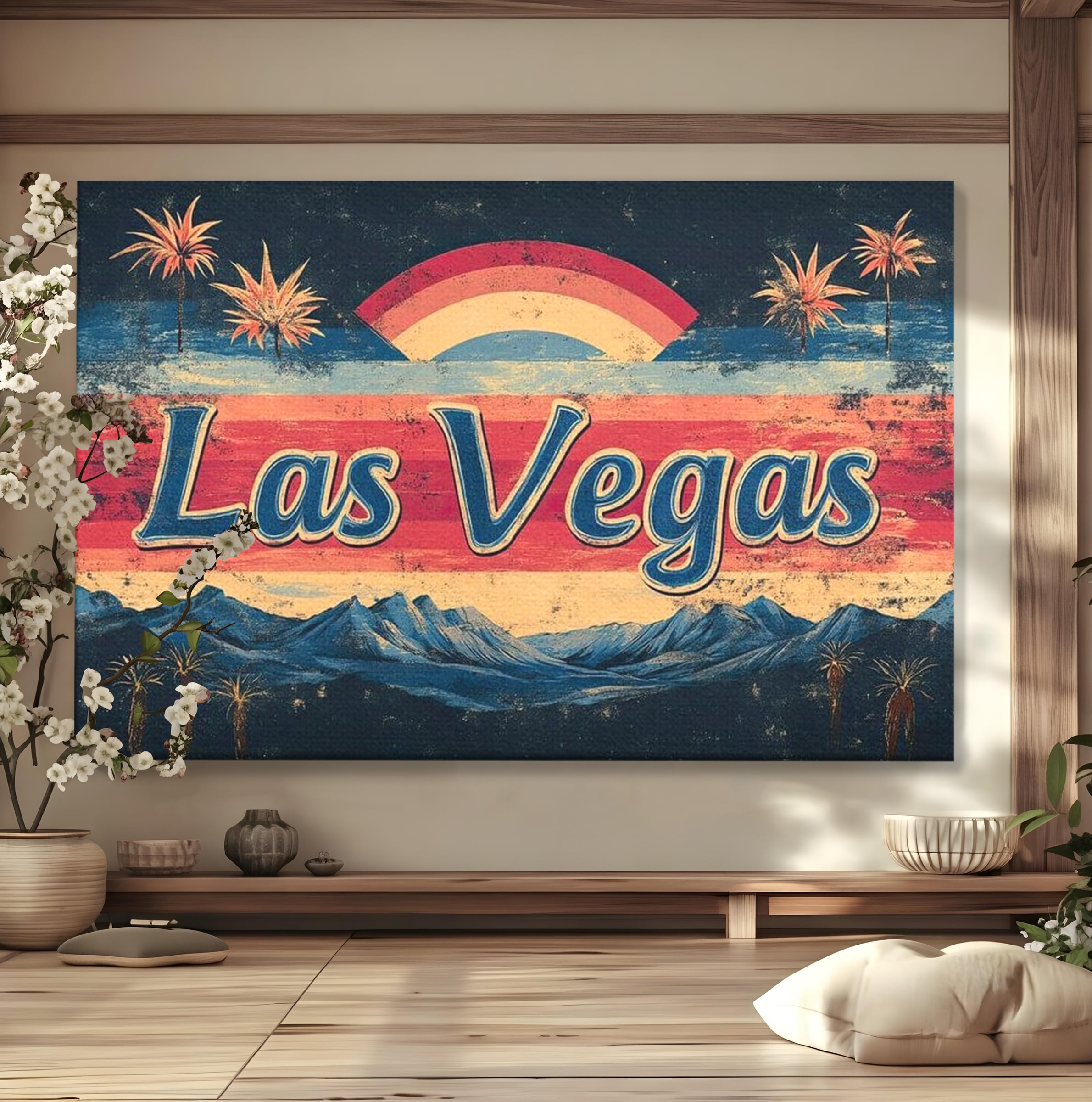 Tablou canvas cu ilustratie retro las vegas cu curcubeu si munti, fara rama, pe sasiu de lemn